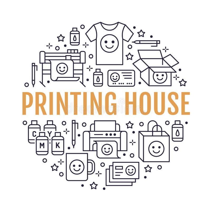 Printing house circle poster with flat line icons. Print shop equipment - printer, scanner, offset machine, plotter vector illustration Printing house circle poster with flat line icons. Print shop equipment - printer, scanner, offset machine, plotter vector illustration