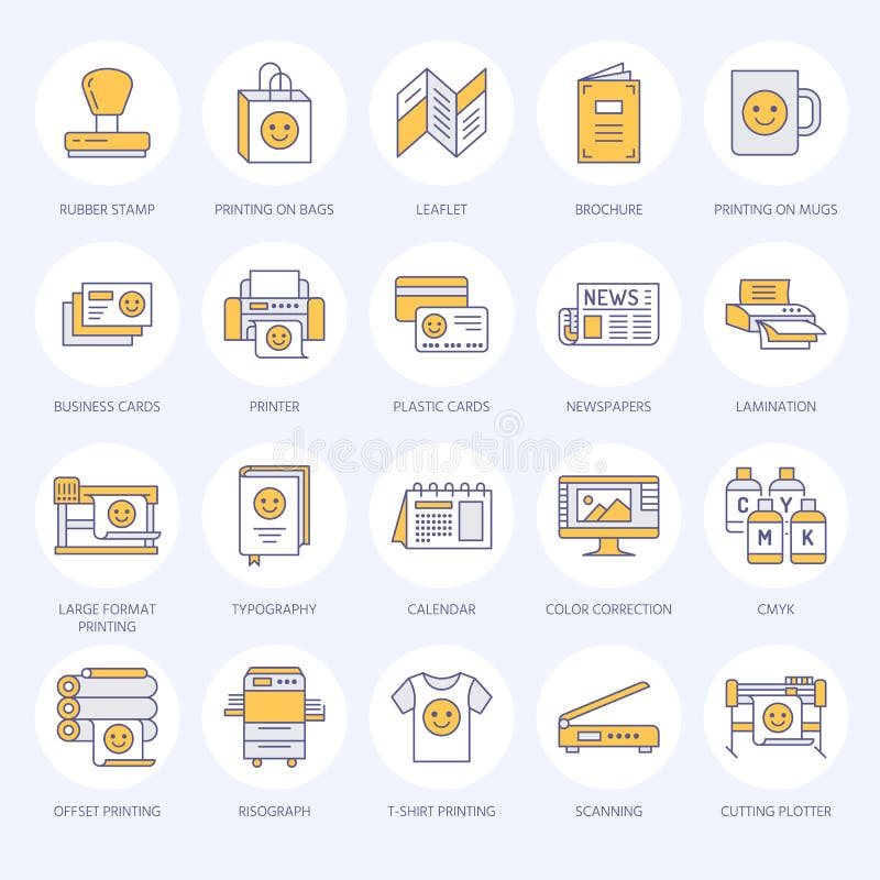 Printing house flat line icons. Print shop equipment - printer, scanner, offset machine, plotter, brochure, rubber stamp royalty free illustration Printing house flat line icons. Print shop equipment - printer, scanner, offset machine, plotter, brochure, rubber stamp royalty free illustration