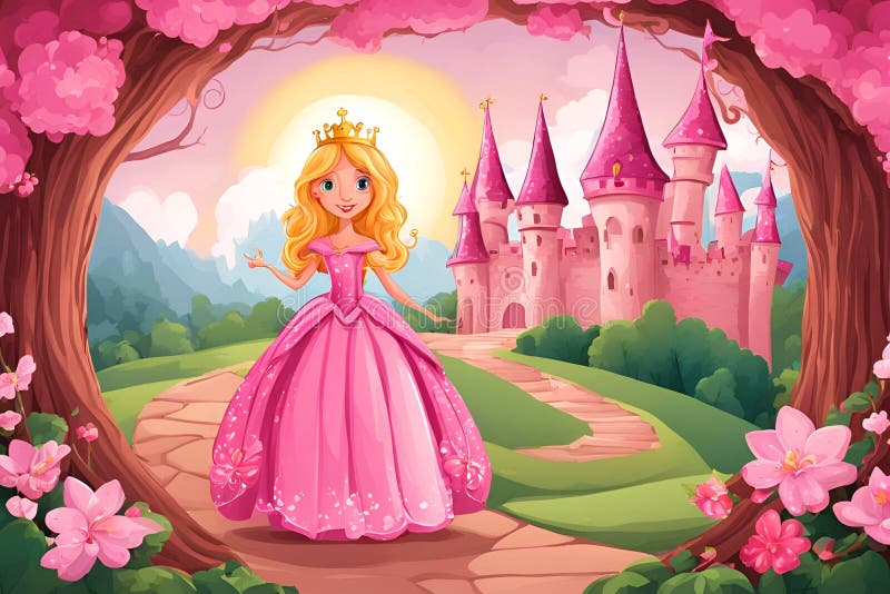 Prinzessin in einem märchenhaften Garten mit ihrem Schloss. stock abbildung