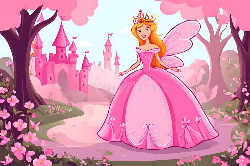 Prinzessin in einem märchenhaften Garten mit ihrem Schloss. lizenzfreie abbildung