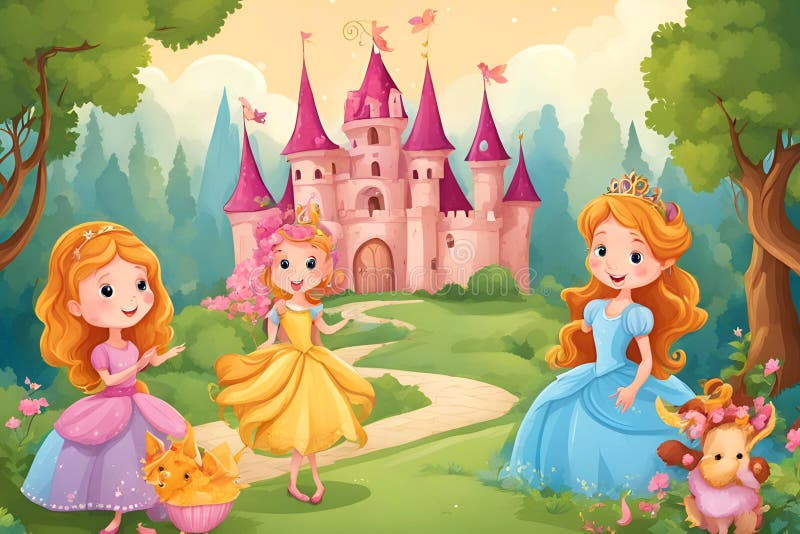 Prinzessin in einem märchenhaften Garten mit ihrem Schloss. lizenzfreie abbildung