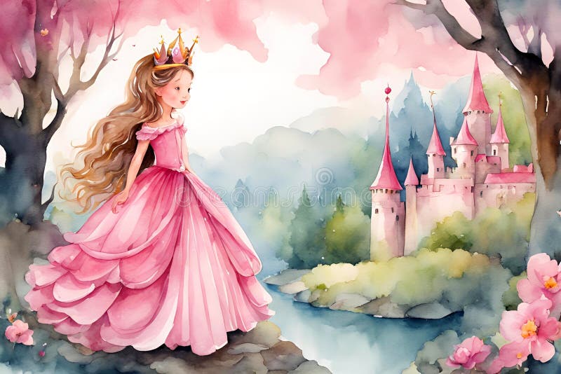 Prinzessin in einem märchenhaften Garten mit ihrem Schloss. stock abbildung