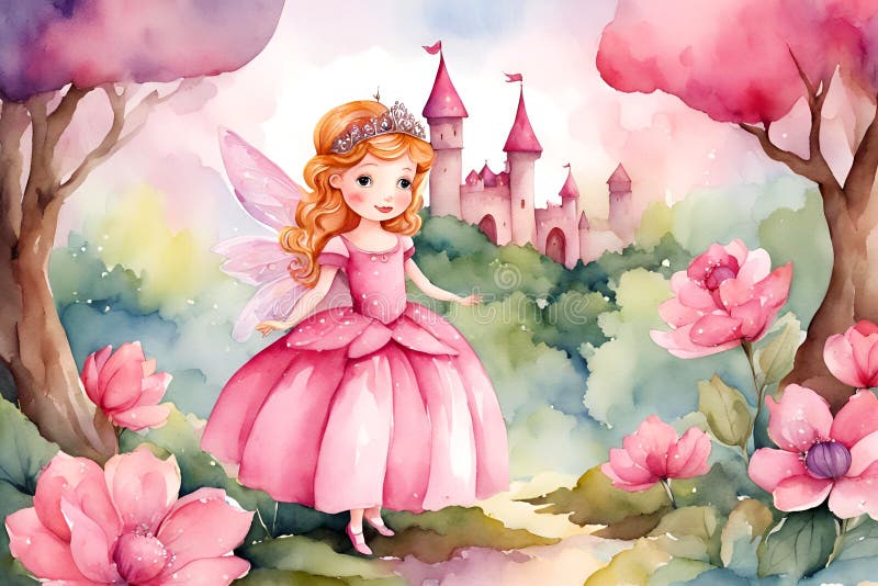 Prinzessin in einem märchenhaften Garten mit ihrem Schloss. lizenzfreie abbildung