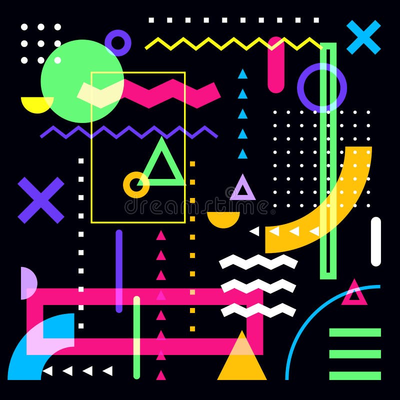 Geometric abstract background. Colorful vector trendy design elements on black background. Multicolor shapes set. Geometric abstract background. Colorful vector trendy design elements on black background. Multicolor shapes set.
