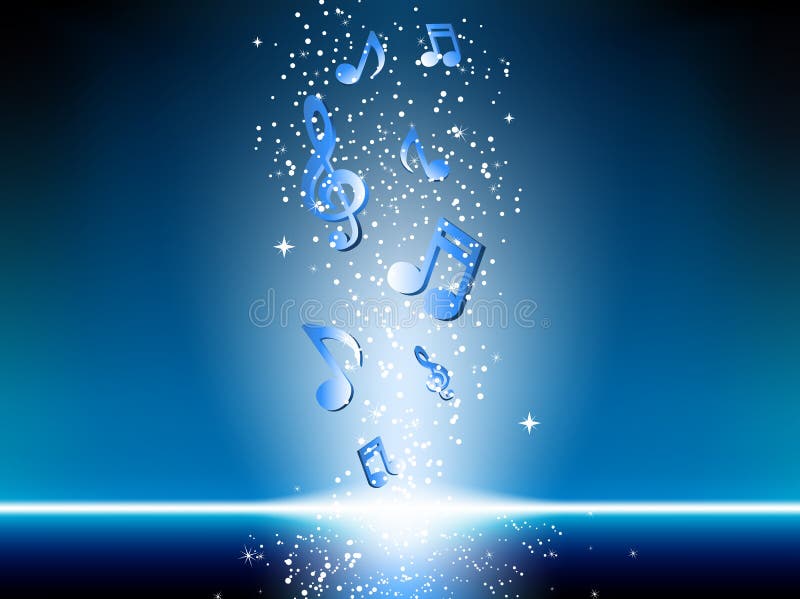 Blue background with music notes and stars. Blue background with music notes and stars.