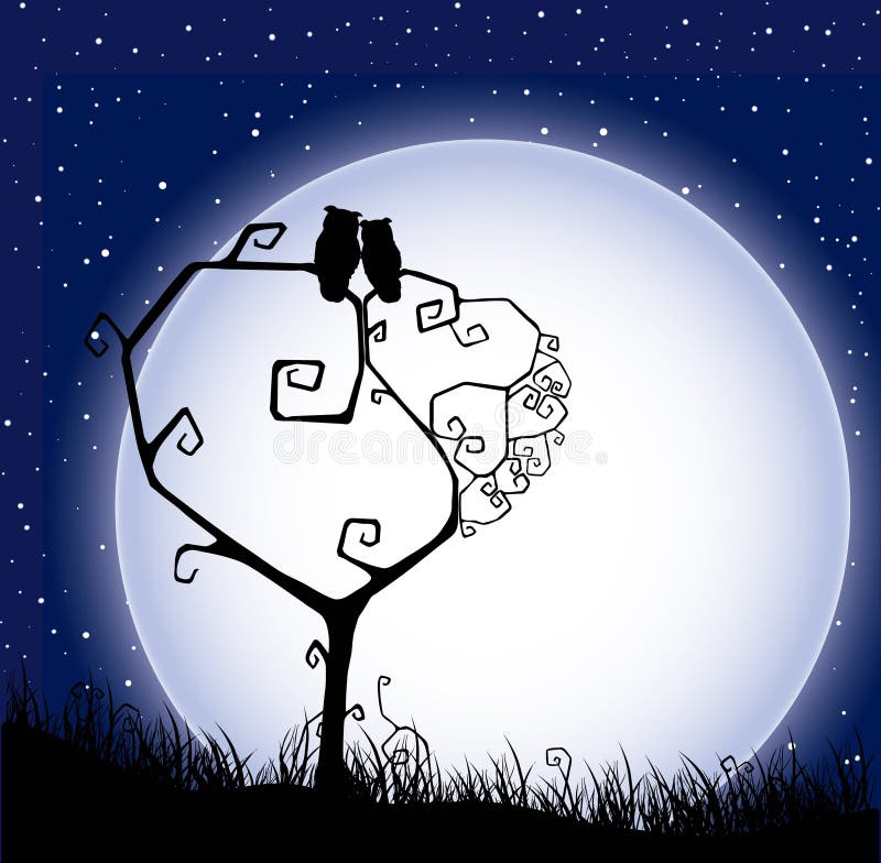 Priorità bassa del `s del biglietto di S. Valentino con l'albero, i gufi di amore ed il Mo illustrazione vettoriale Priorità bassa del `s del biglietto di S. Valentino con l'albero, i gufi di amore ed il Mo illustrazione vettoriale