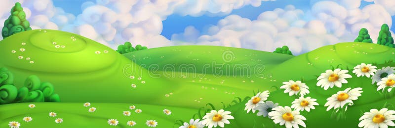 Spring background. Green meadow with daisies vector illustration. Spring background. Green meadow with daisies vector illustration