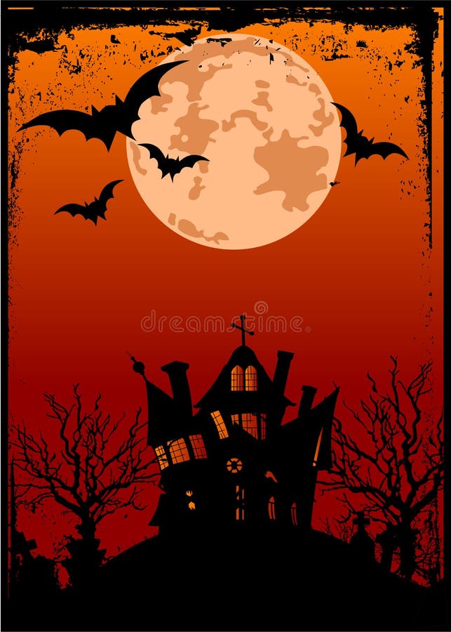 Grunge Halloween background with haunted house, bats and full moon. Grunge Halloween background with haunted house, bats and full moon