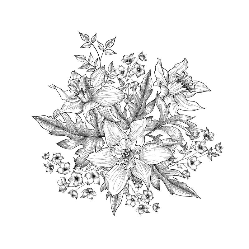 Priorità bassa floreale Fiori e foglie che incidono Fiori di estate illustrazione di stock Priorità bassa floreale Fiori e foglie che incidono Fiori di estate illustrazione di stock