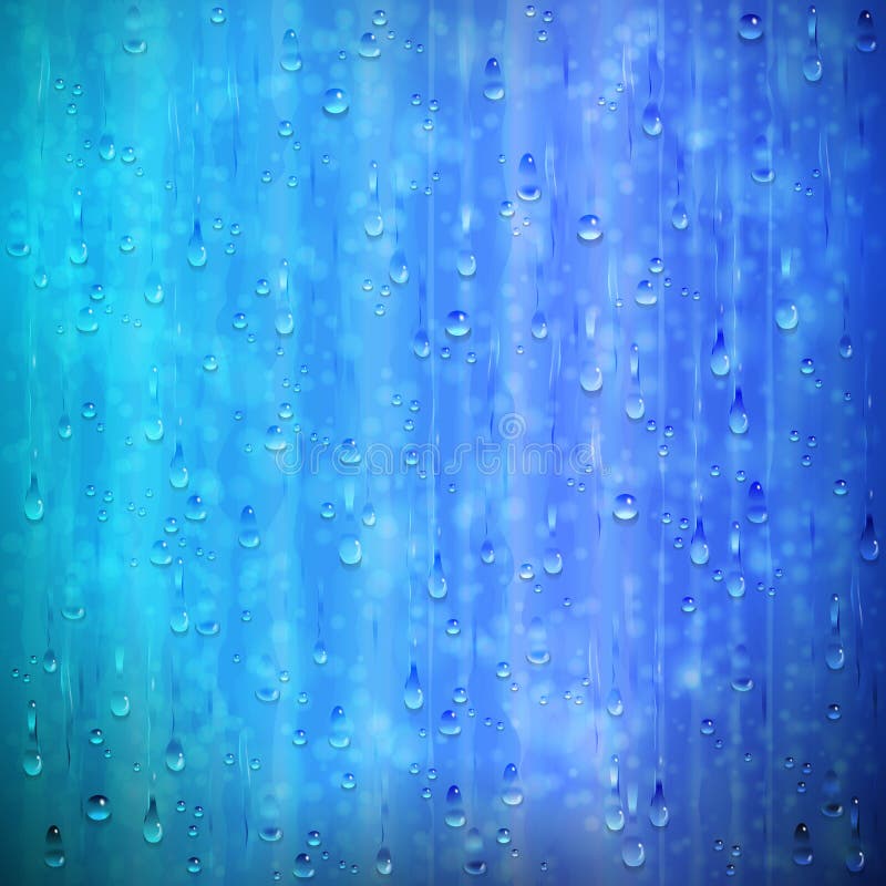 Priorità bassa piovosa blu della finestra con le gocce e la sfuocatura
