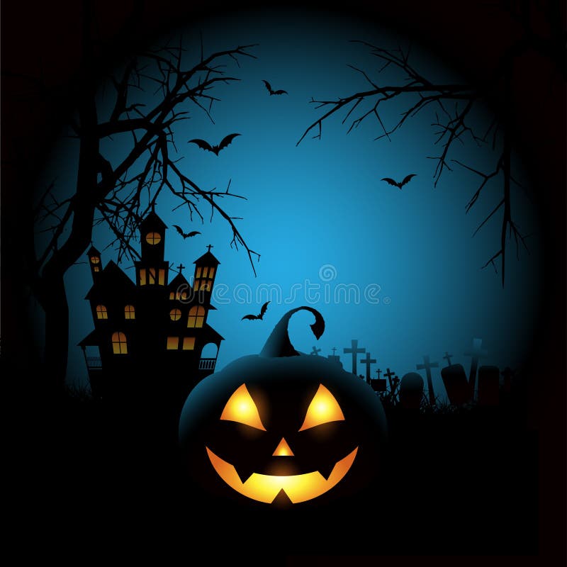 Spooky Halloween background with a pumpkin and haunted house. Spooky Halloween background with a pumpkin and haunted house