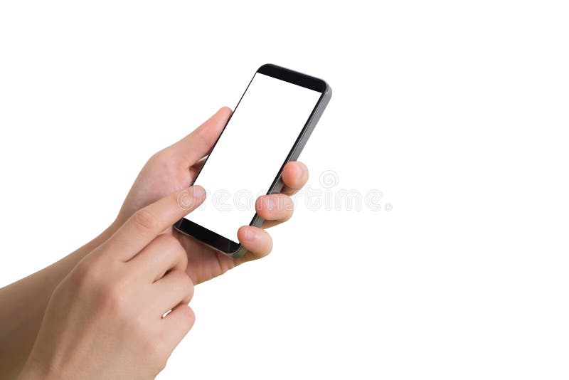 Prise et contact humains de main au téléphone portable d'écran vide
