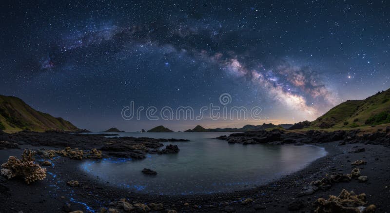 Prismatic Starlit Serenity Over Komodo's Bioluminescent Coral Cove stock illustration