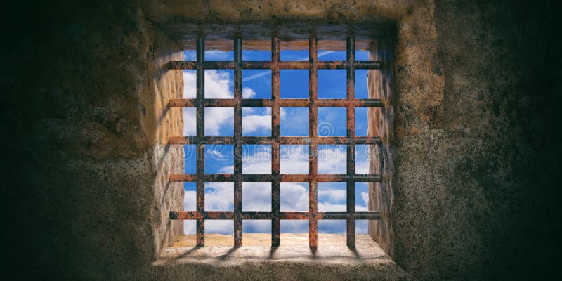 Prison, jail rusty window and blue sky view on old wall background. 3d illustration