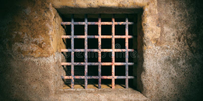 Prison, jail window with rusty bars on old wall background. 3d illustration