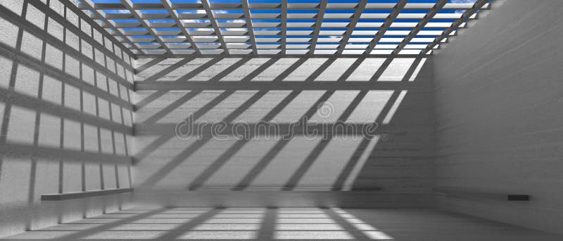 Prison yard with concrete walls and metal bars. 3d illustration. Prison yard. Concrete walls and metal bars ceiling, prisoners escape prevention concept, under royalty free illustration Prison yard with concrete walls and metal bars. 3d illustration. Prison yard. Concrete walls and metal bars ceiling, prisoners escape prevention concept, under royalty free illustration