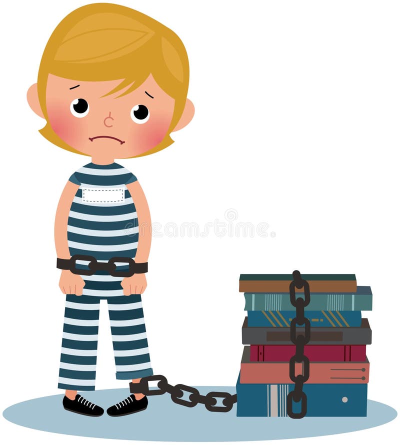 Sad boy prisoner chained to the books. Sad boy prisoner chained to the books