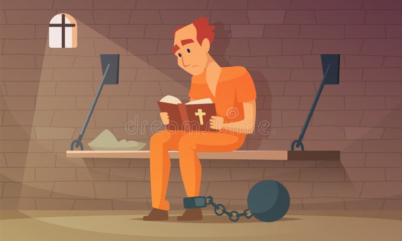 Prisonnier s'asseyant en cellule et lisant la bible illustration stock Prisonnier s'asseyant en cellule et lisant la bible illustration stock