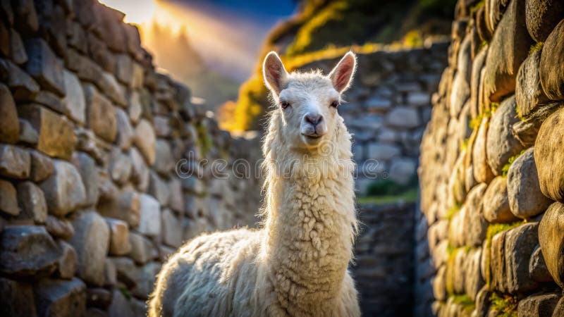 Pristine White Alpaca har på ett beklämmande sätt emot en majestisk Andinsk stenmur A med en fängslande bild av det andinska djurl stock illustrationer