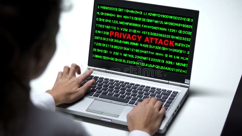 Privacy attack on laptop computer, woman working in office, cybercrime, close up stock image Privacy attack on laptop computer, woman working in office, cybercrime, close up stock image