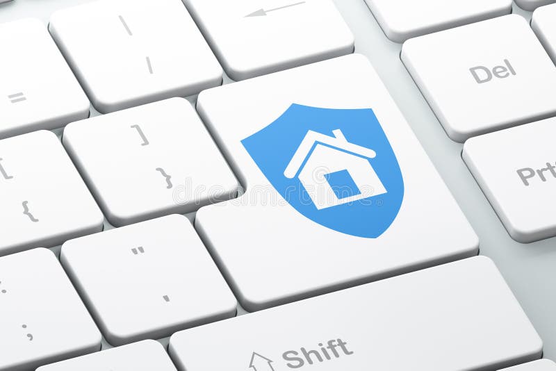Privacy concept: Shield on computer keyboard background stock photography