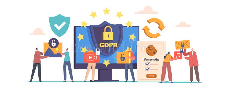 Privacy Data Protection in Internet, Virtual Private Network Concept. Tiny Characters at Huge Computer with GDPR Shield vector illustration