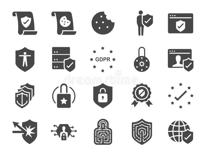 Privacy policy icon set. Included the icons as security information, GDPR, data protection, shield, cookies policy, compliant, per stock illustration
