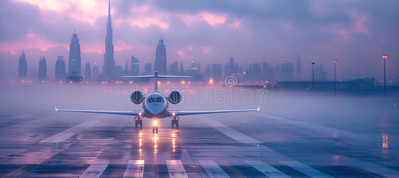 Privat lyxjetplan på en regnig våt bana med lyft med solnedsänt moody sky-ljus med modern bakgrund i centrala städer royaltyfri illustrationer