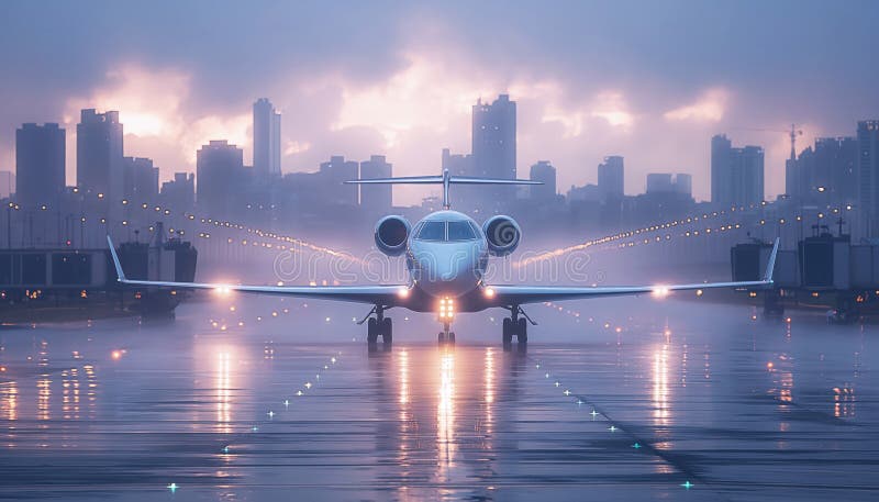 Privat lyxjetplan på en regnig våt bana med solnedsänt moody sky-ljus med modern bakgrund i centrala städer stock illustrationer