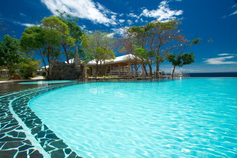 Pleasant private resort hotel pool with turquoise colored water with green palm trees beside and tables and chairs for relaxing. Room for text. Pleasant private resort hotel pool with turquoise colored water with green palm trees beside and tables and chairs for relaxing. Room for text.