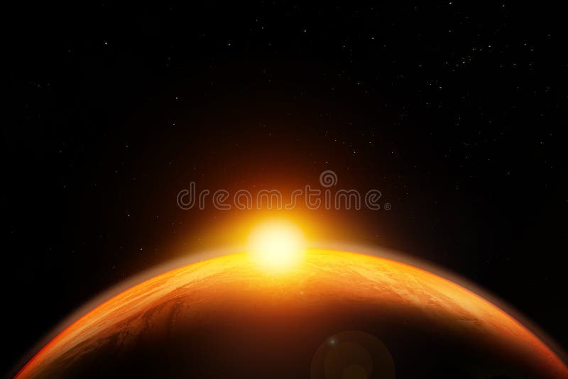 Priveliște terestră abstractă de fond scifi a apusului soarelui deasupra planetei terestre stock illustration