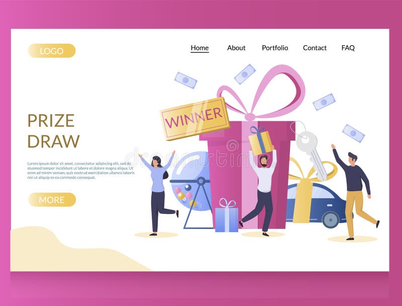 Prize draw vector website template, web page and landing page design for website and mobile site development. Raffle drum with balls and lucky people winning prizes gift box, automobile, money. Prize draw vector website template, web page and landing page design for website and mobile site development. Raffle drum with balls and lucky people winning prizes gift box, automobile, money.