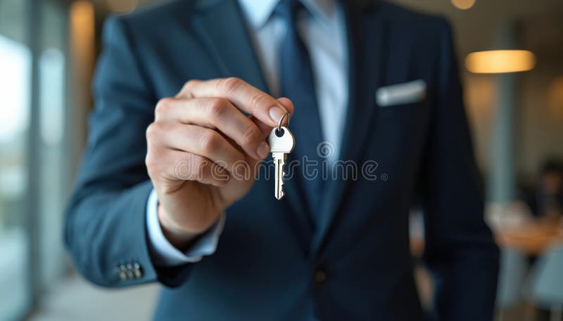 Pro businessman in tailored suit presents key. Represents access, opportunity, new venture. Focus hand, key, blurred office stock illustration
