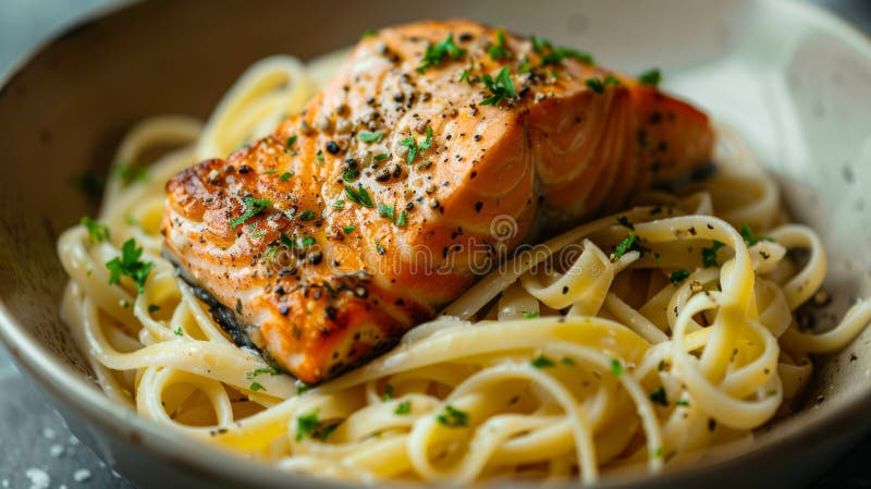 Probieren Sie das geschmackvolle Kräuterfilet mit Lachs auf einem schön präsentierten Nudelgericht vektor abbildung