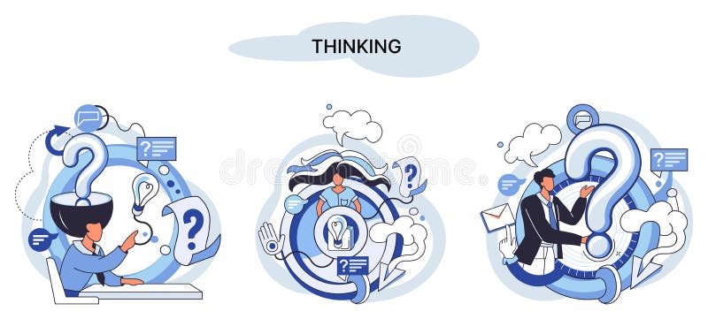 Problem solving concept, man wondering or thinking, planning or pondering, with question mark stock illustration