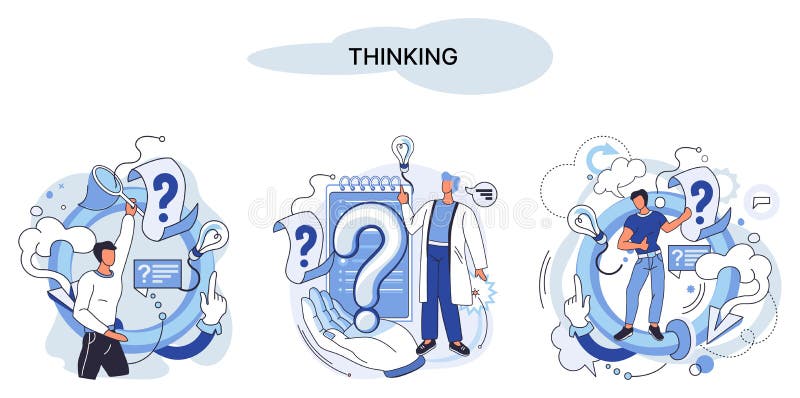 Problem solving concept, man wondering or thinking, planning or pondering, with question mark stock illustration