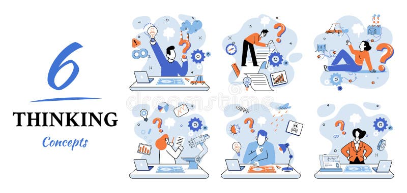 Problem solving concept, man wondering or thinking, planning or pondering, with question mark stock illustration