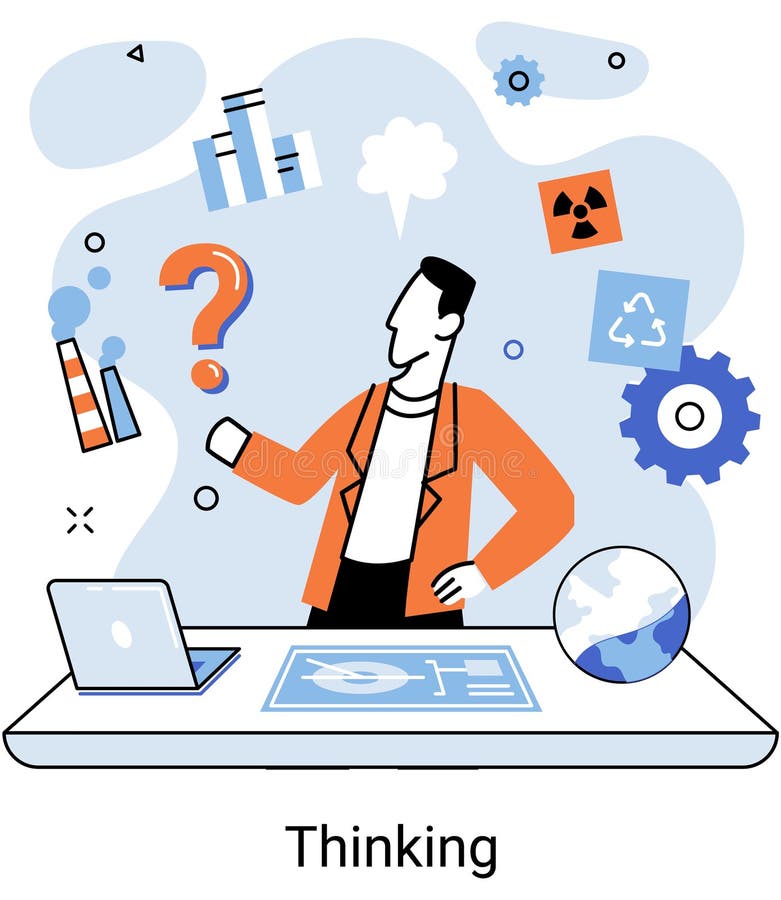 Problem solving concept, man wondering or thinking, planning or pondering, with question mark stock illustration