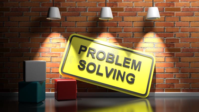 PROBLEM SOLVING yellow sign at red bricks wall - 3D rendering illustration