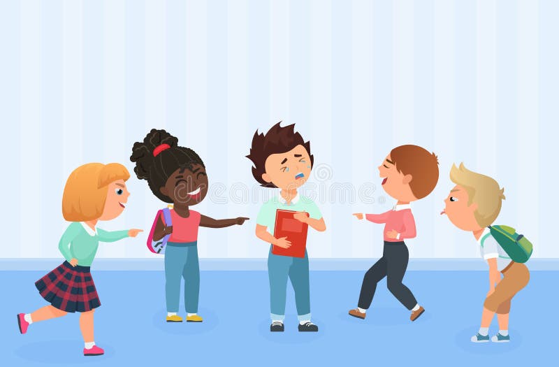 Problema de los ni?os que tiranizan en la escuela Los muchachos multirraciales y las muchachas humillan, ofenden, toman el pelo, stock de ilustración Problema de los ni?os que tiranizan en la escuela Los muchachos multirraciales y las muchachas humillan, ofenden, toman el pelo, stock de ilustración