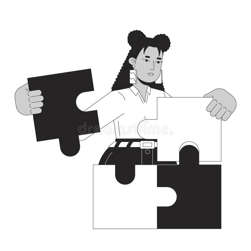Problemă la rezolvarea problemei Jigsaw care rezolvă conceptul de ilustrare 2d alb-negru. puzzle-uri strategie de conectare. strategia feminină latină de schiță izolată. metaforă de gestionare strategică a vectorului monocrom