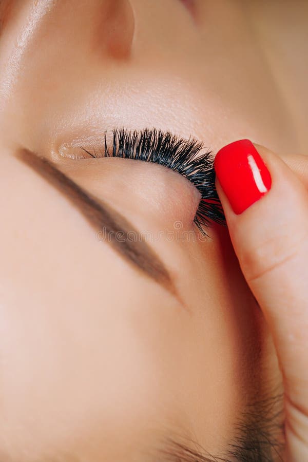 Procedura di estensione per ciglio. occhio di donna con le palpebre lunghe. focalizzazione su attività selettiva. immagine stock