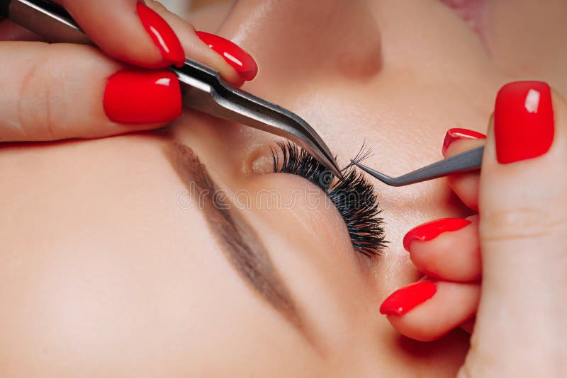 Procedura di estensione per ciglio. occhio di donna con le palpebre lunghe. focalizzazione su attività selettiva. immagine stock libera da diritti