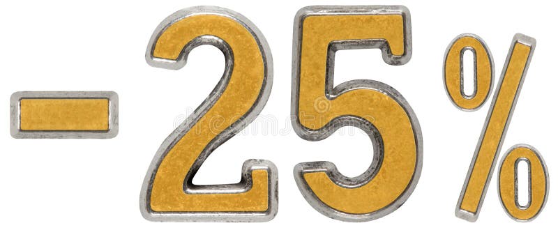 Percent off. Discount. Minus 25, twenty five, percent. Metal numeral, isolated on white background. Percent off. Discount. Minus 25, twenty five, percent. Metal numeral, isolated on white background