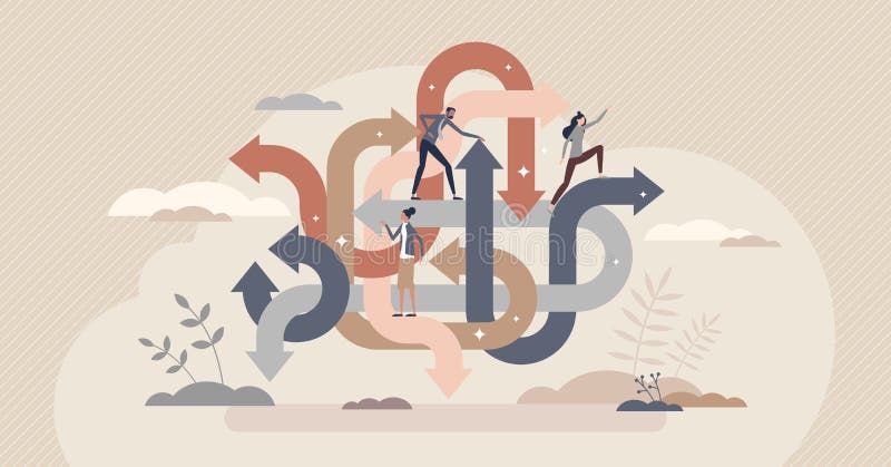 Proces de luare a deciziilor cu multe opțiuni pentru calea de rezolvare, concept persoană mică royalty free illustration