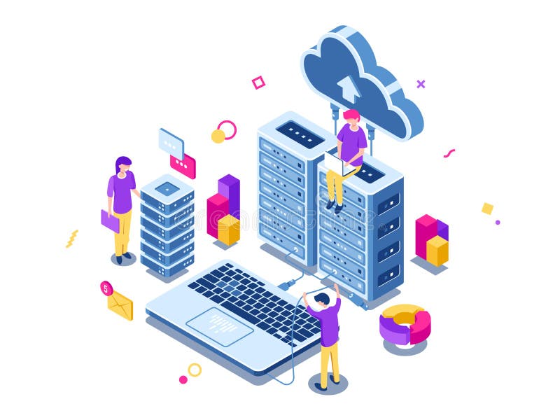 Proces de proiectare în rack în camera de servere a centrelor de date, în rețea, tehnologie de calcul în cloud computing vector illustration