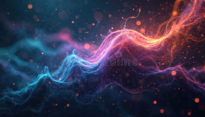 Proces de reflecție generativă abstractă vibrantă AI. Nodurile de rețea neuronală colorată se conectează în spațiu albastru închis vector illustration