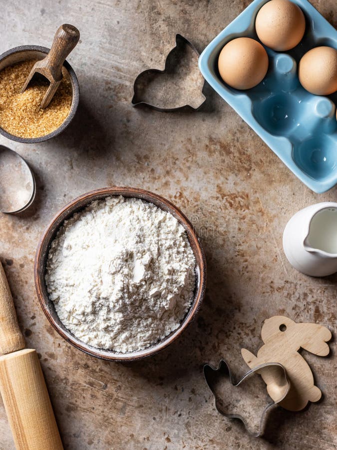 The Process of Baking, Cooking. Flour in Bowl, Eggs, Sugar, Milk. Top