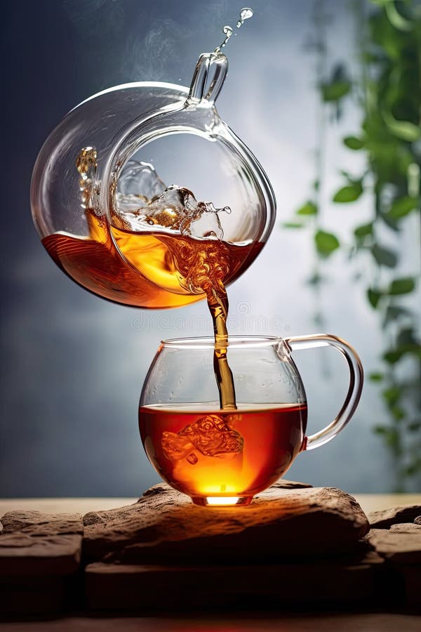 Chinese tea ceremony. Clay teapot with smoked red tea Lapsang souchong on a  black background, glass cups of hot tea with vapour. Stock Photo