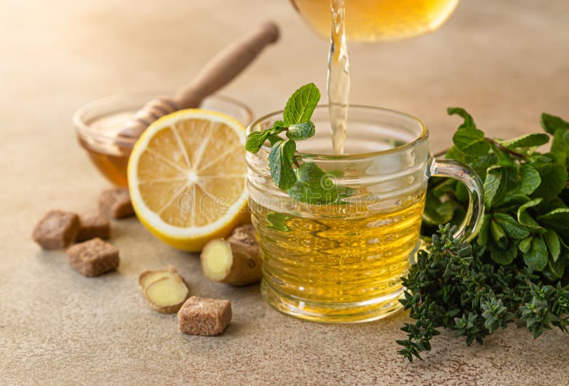 Process brewing tea. Hot herbal or green tea with mint thyme ginger lemon and honey light concrete background stock photography.